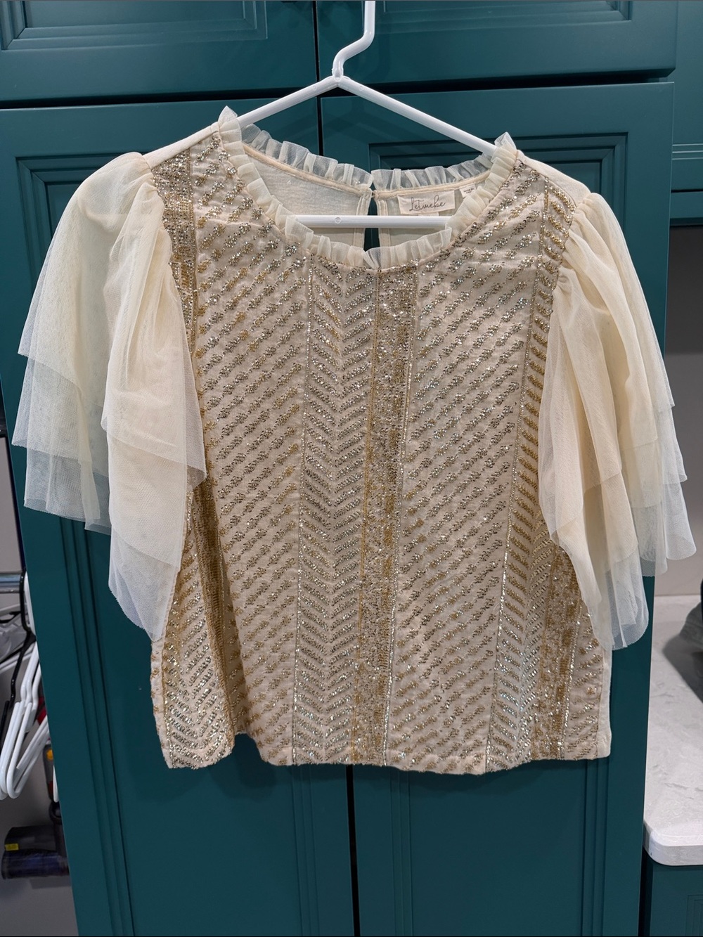 Gold Sequins, tulle Ruffle Sleeve Tee